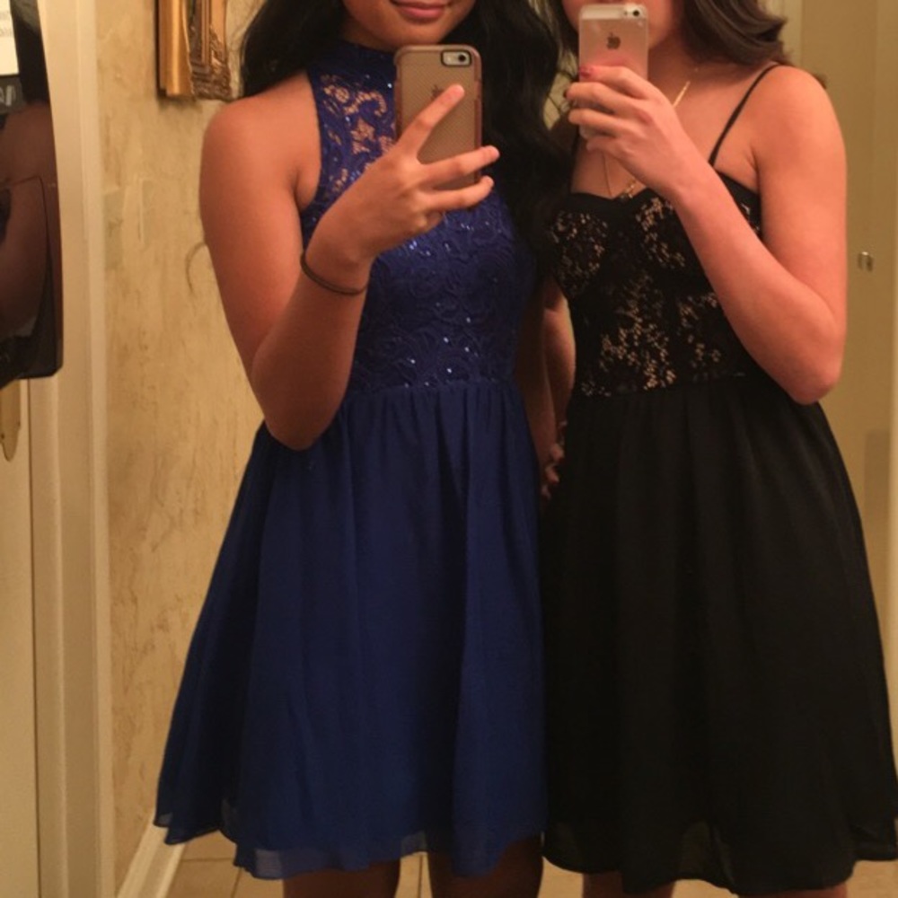 Lace Sequin Halter Mini Dress: Royal Blue - Picture 3 of 3